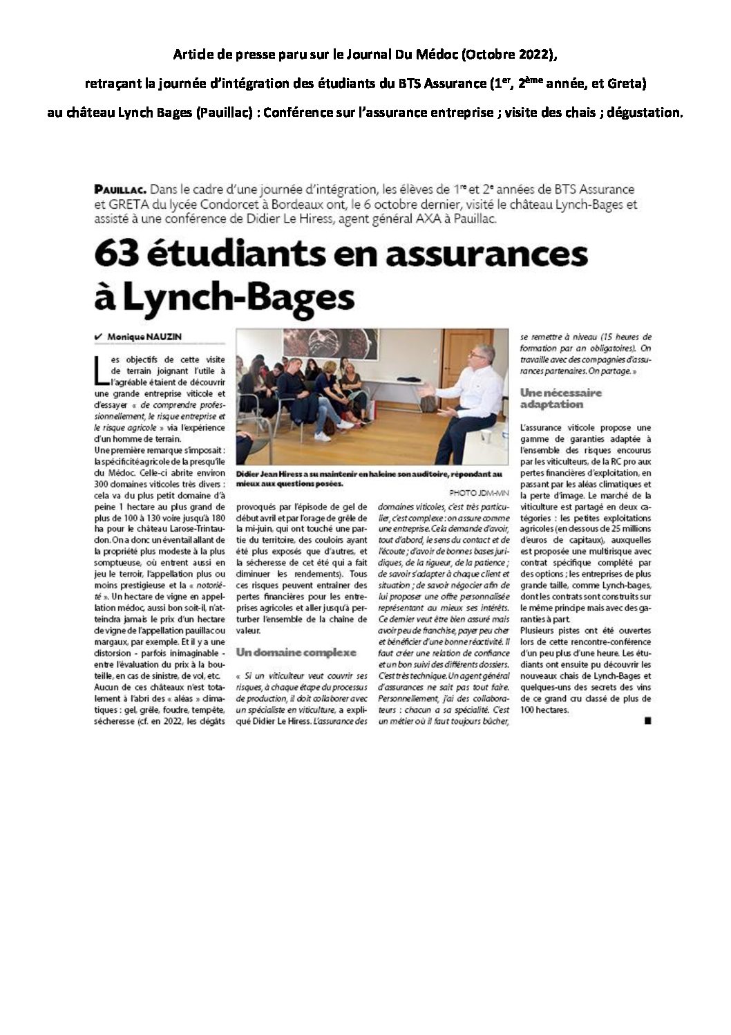 Article de presse paru dans le Journal Du Médoc (Octobre 2022) retraçant la journée d’intégration des étudiants du BTS Assurance