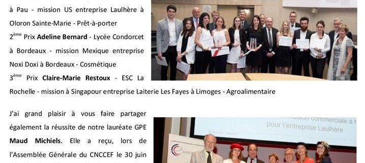 30 juin 2017 : Une étudiante de CI du lycée a remporté le 2ème prix export