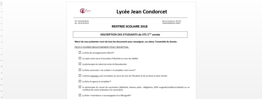 INSCRIPTION DES ETUDIANTS de STS 1ère année (rentrée scolaire 2018)